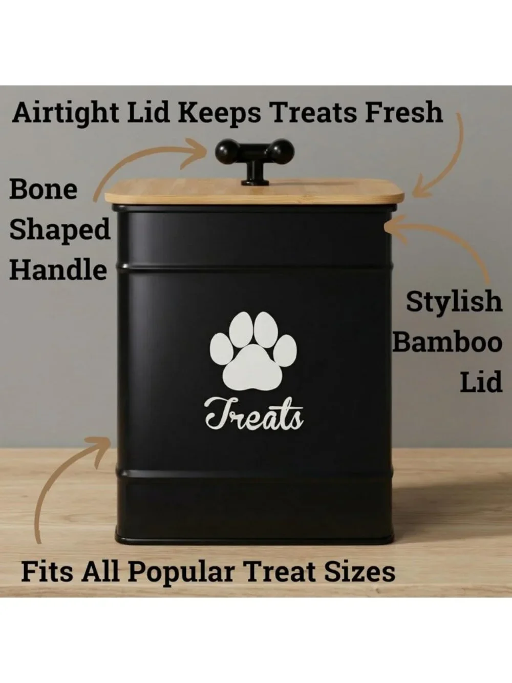 Airtight Dog Treat Container - 12 Cup Capacity Iron Jar with Bamboo Lid
